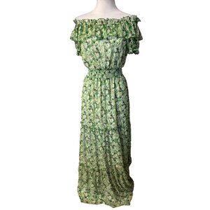 Lavender Brown Maxi Dress S Small Green Short Sleeve Smocked Washable NEW